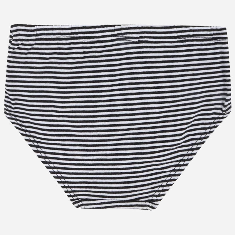 Black and white striped kids' cotton brief underwear on plain background