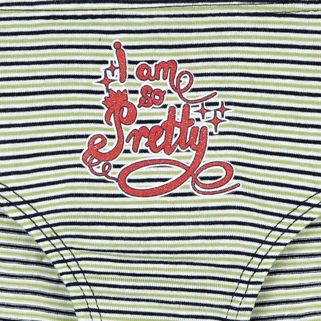 Striped kids innerwear with 'I am so Pretty' text in red and sparkles detail.