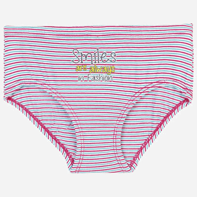Girls' striped cotton briefs with pink, blue, and white lines, 'Smiles are always in fashion' print.