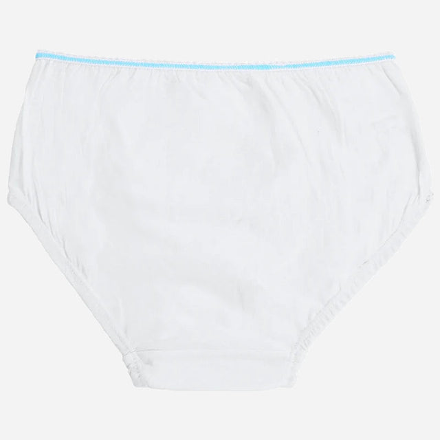White cotton kids underwear with blue waistband on white background