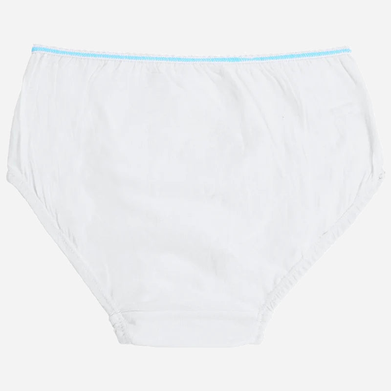 White cotton kids underwear with blue waistband on white background