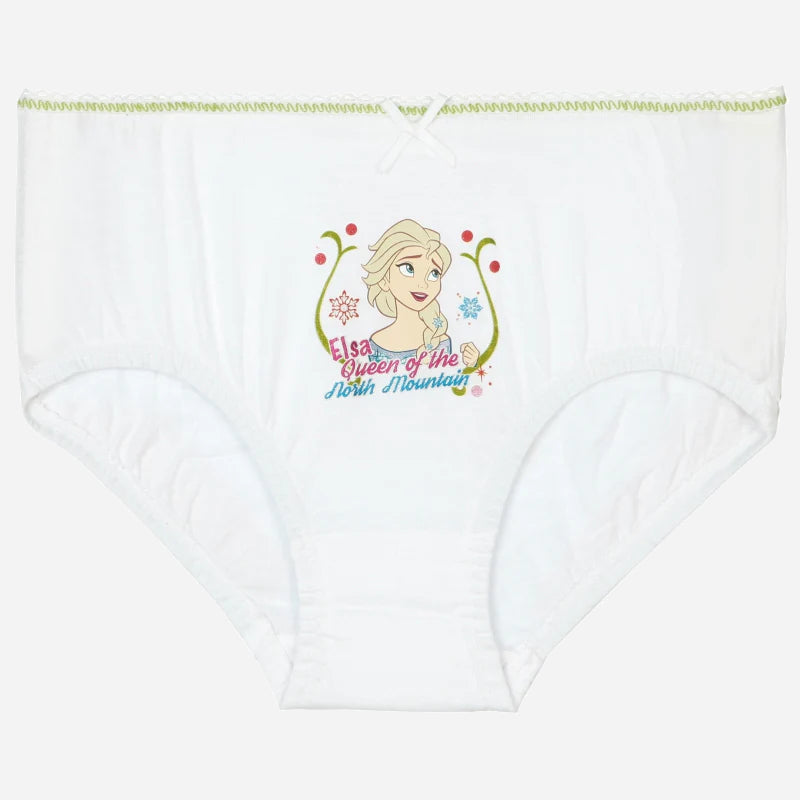 White girls' underwear featuring cartoon Elsa print and 'Queen of the North Mountain' text