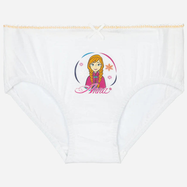 White kids innerwear panty with cartoon girl Anna print and decorative bow, soft cotton.