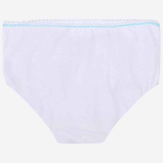White cotton kids brief with blue elastic waistband on plain background
