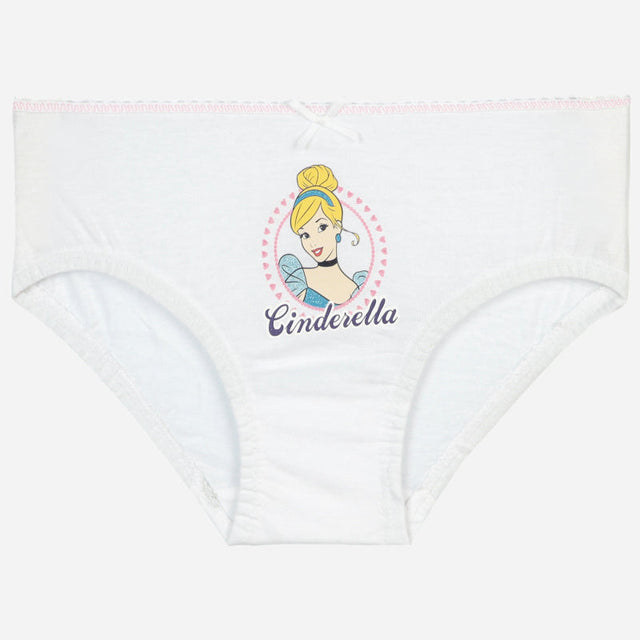 White girls' brief with Cinderella cartoon print, soft cotton kids innerwear, front view