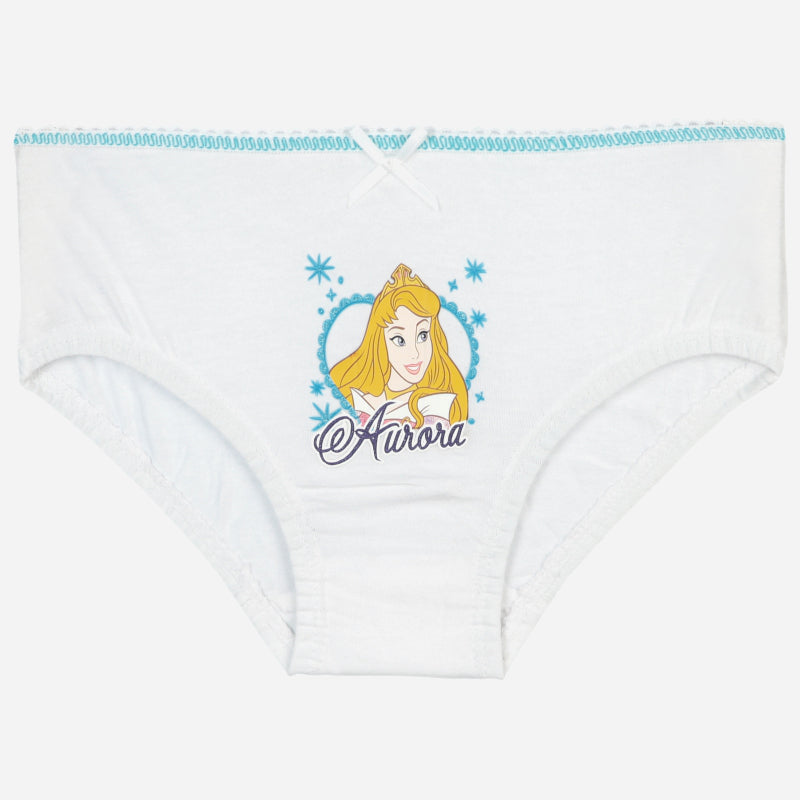 White girls' underwear featuring a cartoon princess graphic and 'Aurora' text on front.