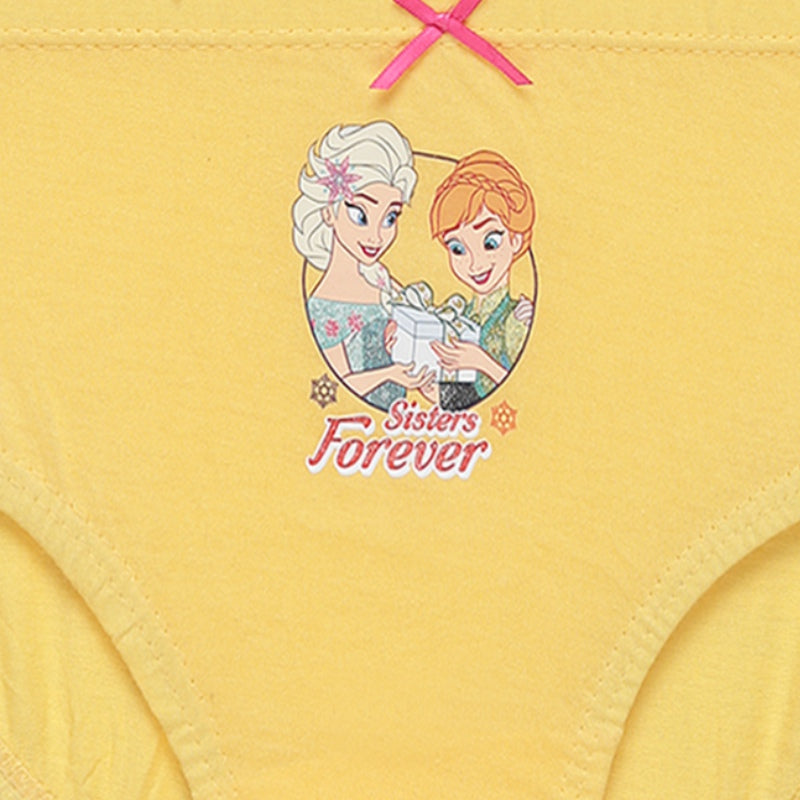 Yellow girls' underwear with cartoon sisters graphic, pink bow, and 'Sisters Forever' text