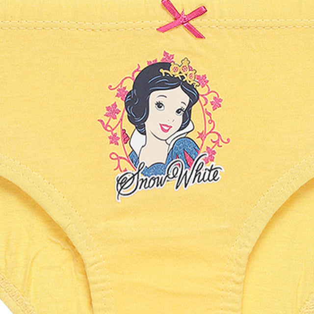 Yellow kids' underwear featuring a Snow White cartoon print and pink bow detail