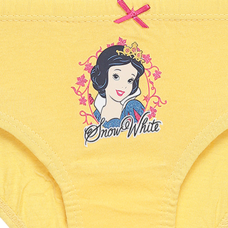 Yellow kids' underwear featuring a Snow White cartoon print and pink bow detail