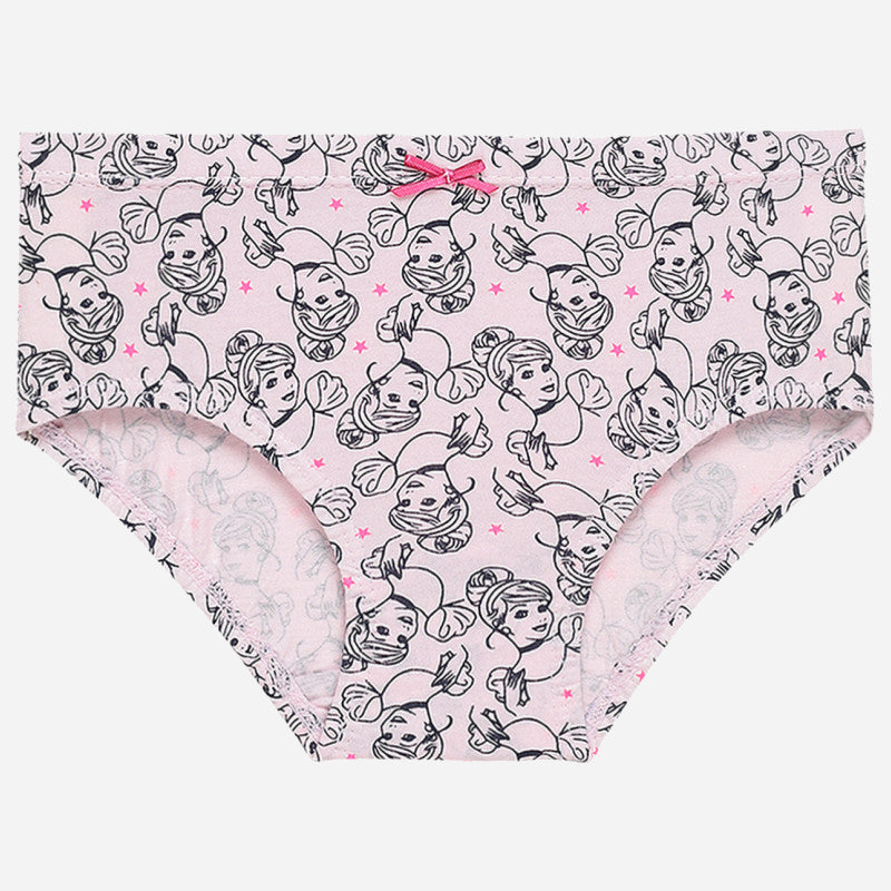 Pink girls' underwear with princess cartoon print and small front bow, kids innerwear