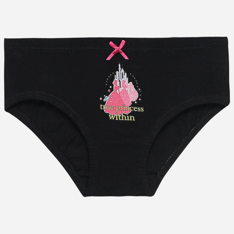 Girls black cotton underwear with pink princess graphic, castle print and bow, kids innerwear