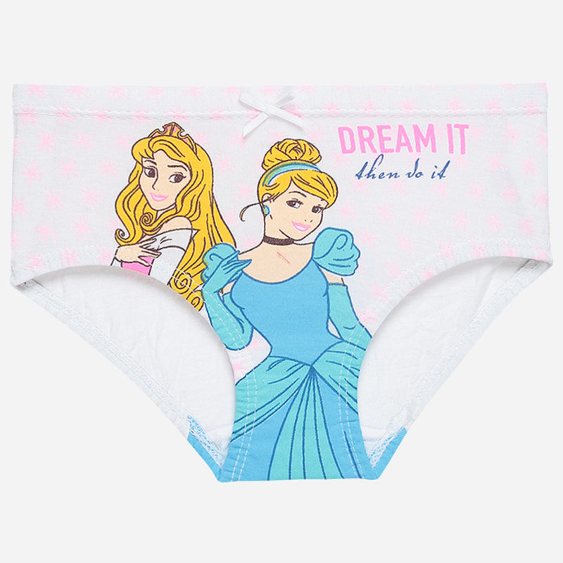 Girls white briefs with cartoon princess print, pastel colors, and 'Dream It' text