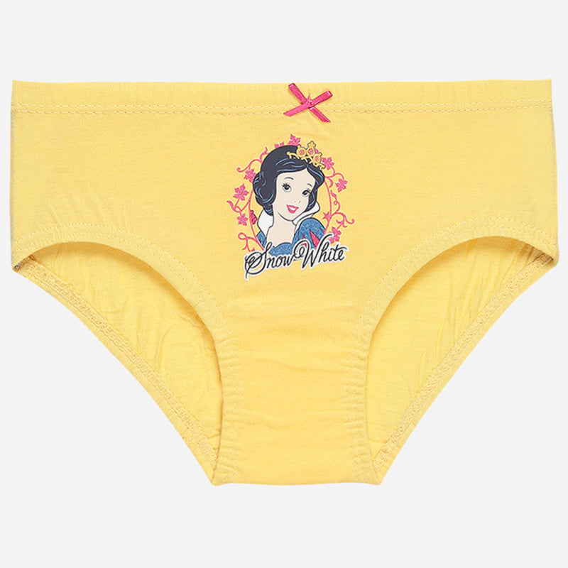 Yellow girls' underwear with Snow White print and small pink bow at waistband