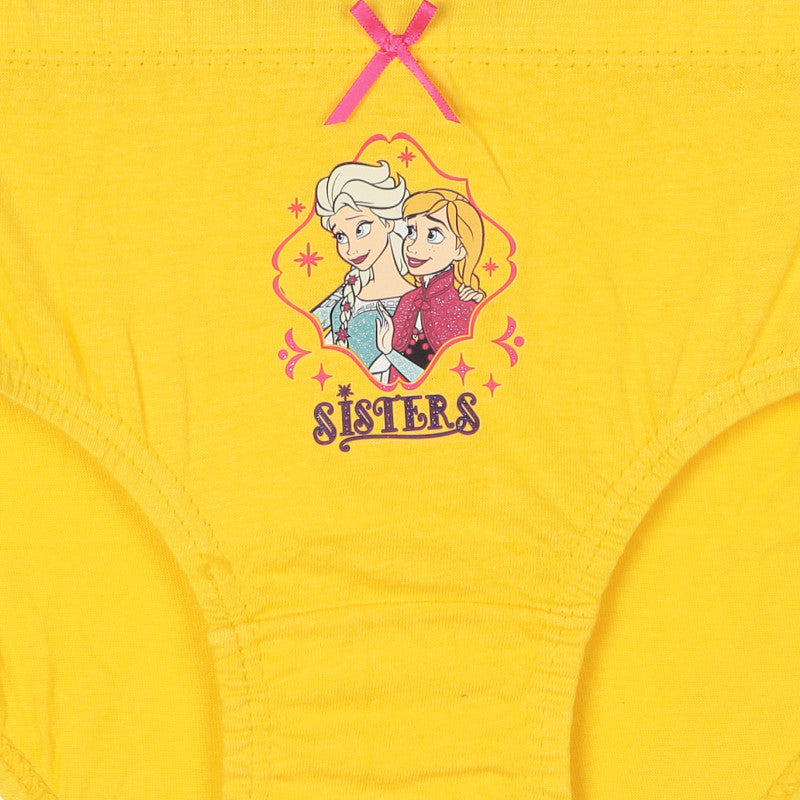 Yellow girls' underwear with cartoon sisters print and pink bow, comfortable kids innerwear