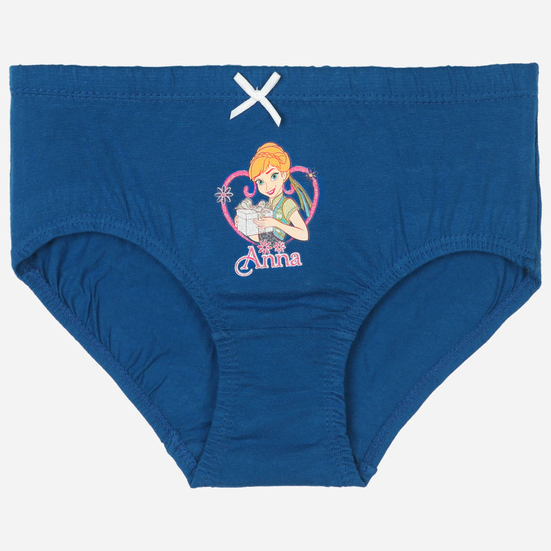 Blue girls' cotton brief with cartoon Anna print and white bow, kids innerwear.