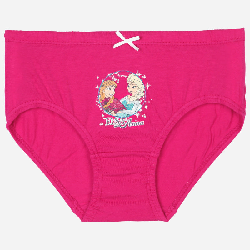 Pink girls' underwear with Elsa and Anna cartoon print and small white bow on waistband
