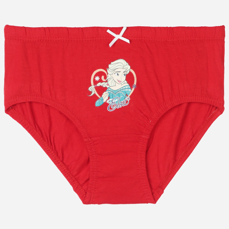 Red girls' cotton briefs with Frozen Elsa print and white bow detail, kids innerwear