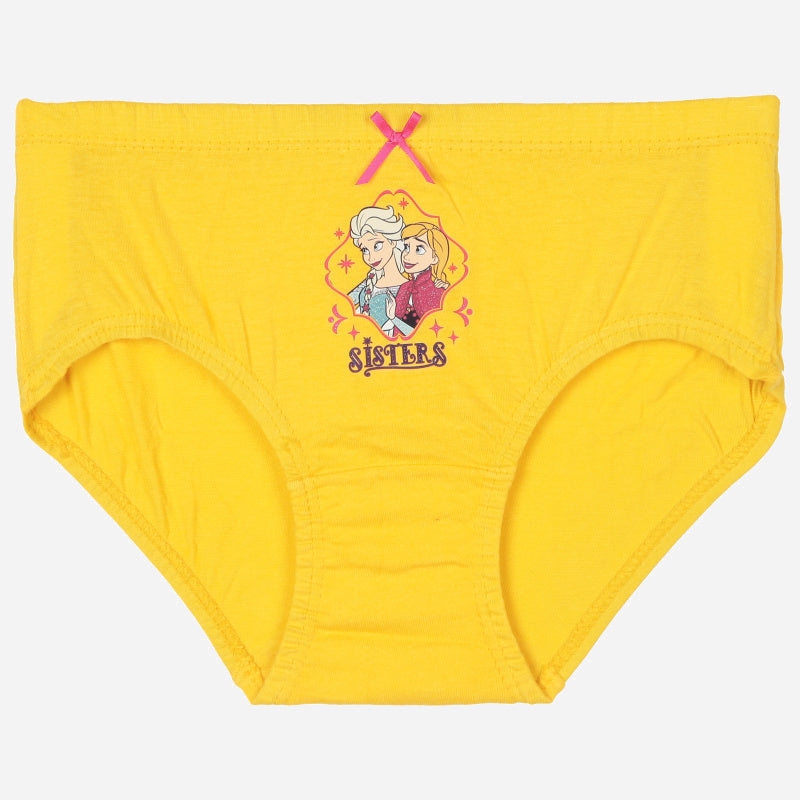 Yellow girls' cotton underwear with sisters cartoon print and pink bow, kids innerwear.