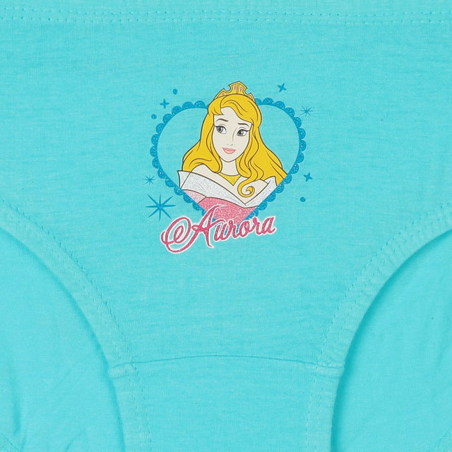 Turquoise girls' underwear with a printed princess graphic and Aurora text on the front