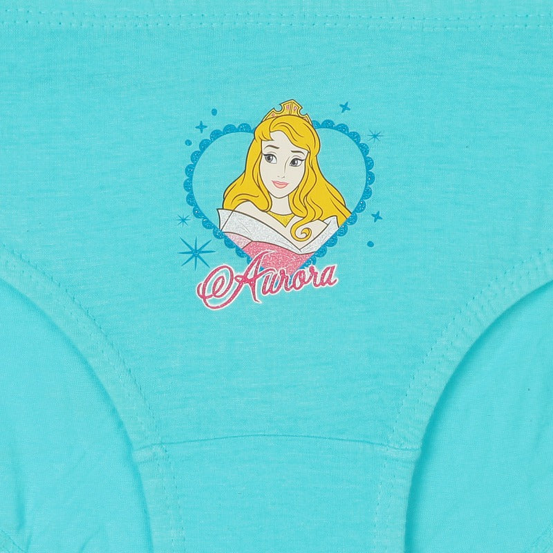 Turquoise girls' underwear with a printed princess graphic and Aurora text on the front