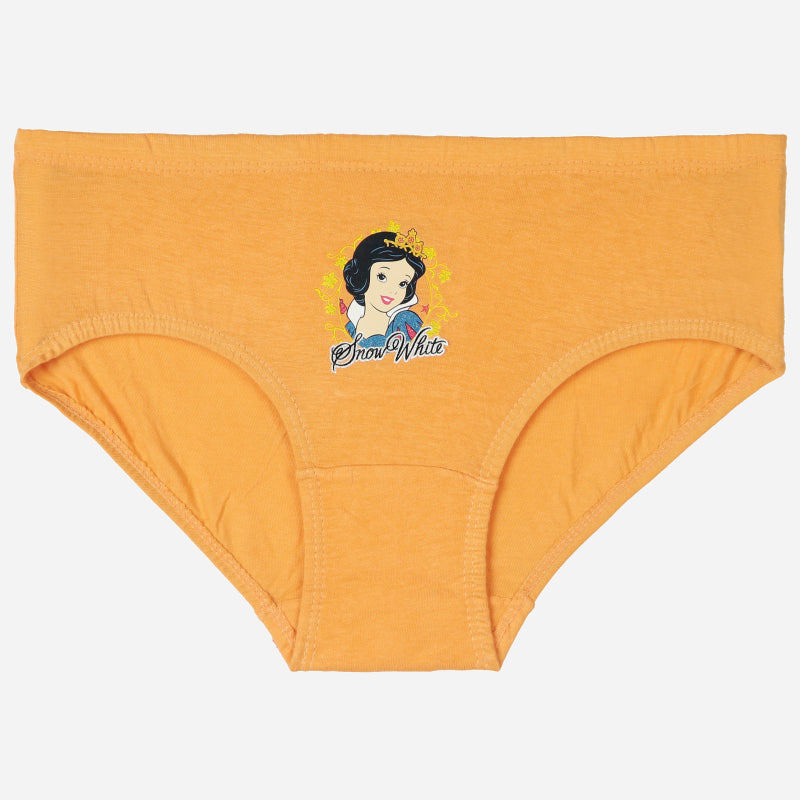 Orange girls' underwear with Snow White cartoon print on front, soft cotton kids innerwear
