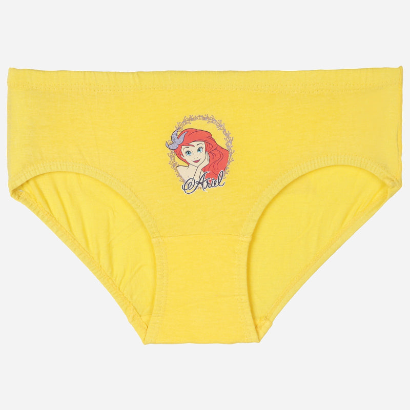 Yellow girls' underwear with Ariel cartoon print and soft cotton fabric, front view