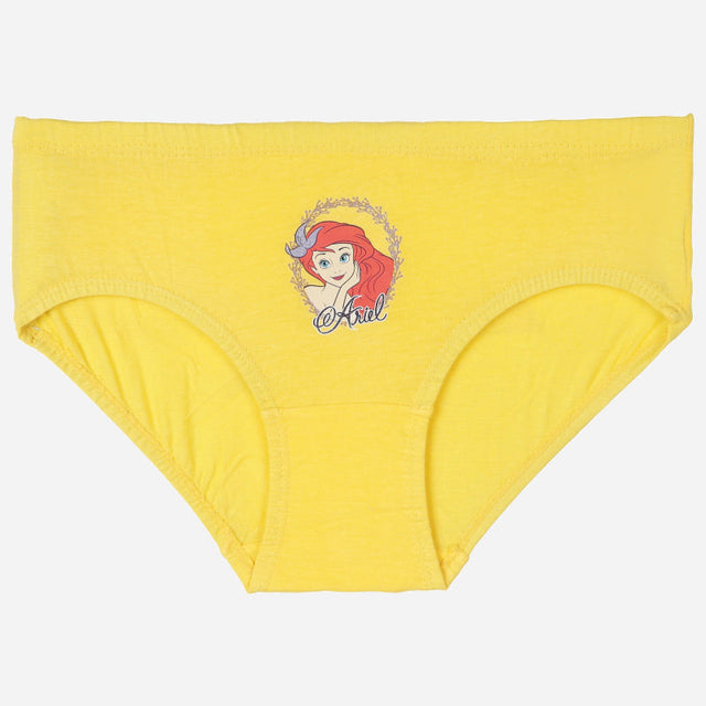 Yellow girls' underwear with Ariel cartoon print and soft cotton fabric, front view