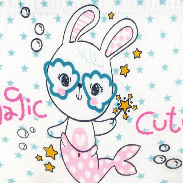 Cute kids' innerwear with a bunny-mermaid cartoon, star magic wand, and blue star pattern.