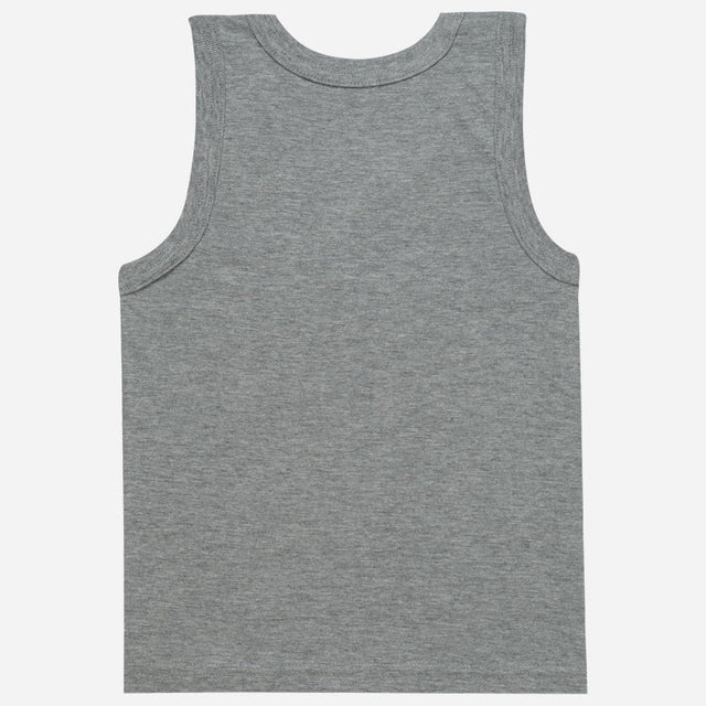 Gray sleeveless kids innerwear vest, soft cotton fabric, back view, on white background