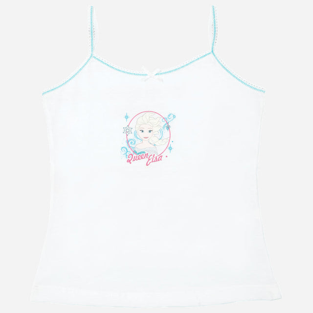 Girls white camisole with Queen Elsa print, blue trim, kids cotton innerwear top