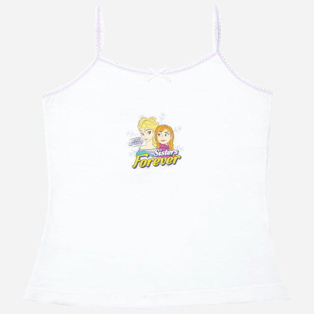 White girls camisole with cartoon sisters graphic and 'Sisters Forever' text, kids innerwear
