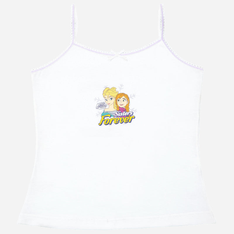 White girls camisole with cartoon sisters graphic and 'Sisters Forever' text, kids innerwear