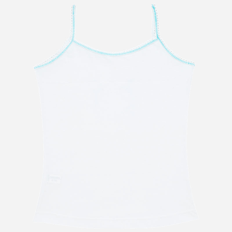 White kids camisole with thin straps and blue trim, soft cotton innerwear