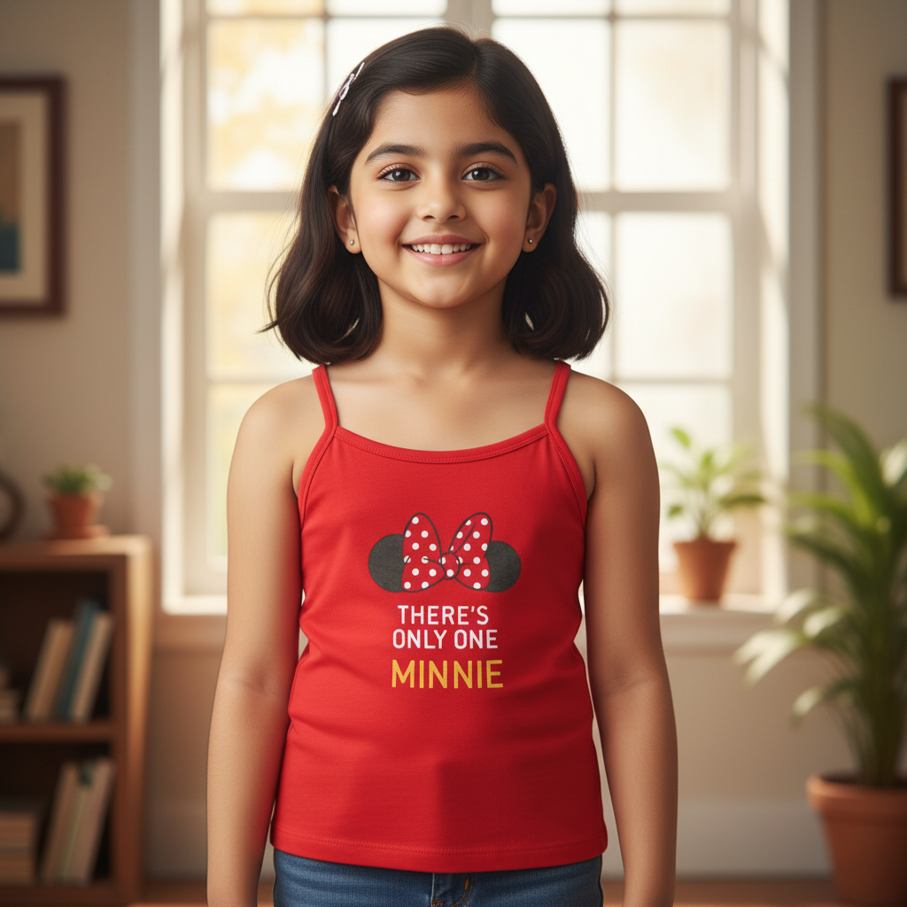 Smiling girl wearing red Minnie Mouse print camisole for kids in a cozy indoor setting.
