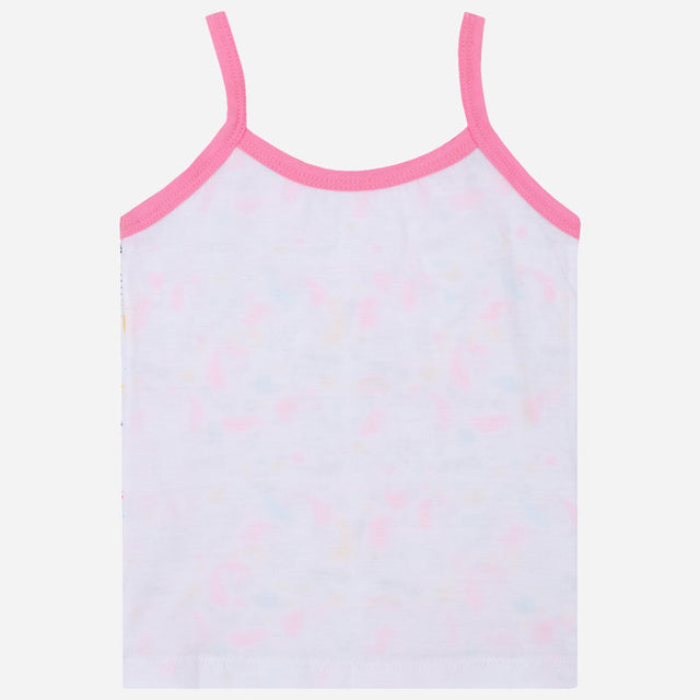 White kids camisole with pink straps, soft cotton innerwear, front view on plain background