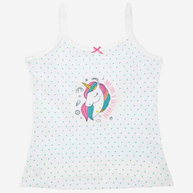 Girls' white camisole with blue polka dots and unicorn print, kids innerwear