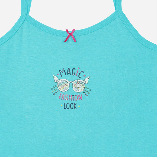 Aqua blue kids camisole with pink bow and 'Magic Fashion Look' unicorn sunglasses print