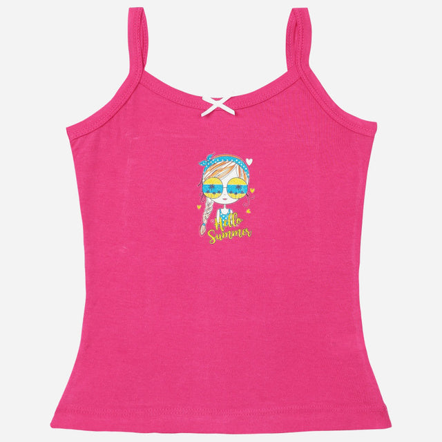 Pink girls' camisole with spaghetti straps and 'Hello Summer' graphic on front