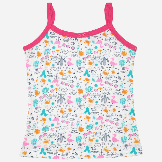 Girls' camisole with colorful flamingo, leaf, and sun print, pink straps and trim