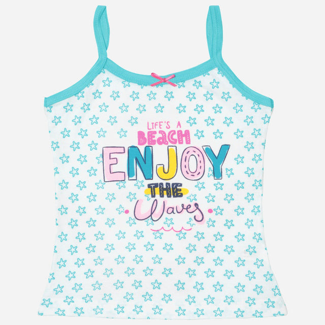 Kids light blue camisole with star print and 'Life's a Beach Enjoy the Waves' text design