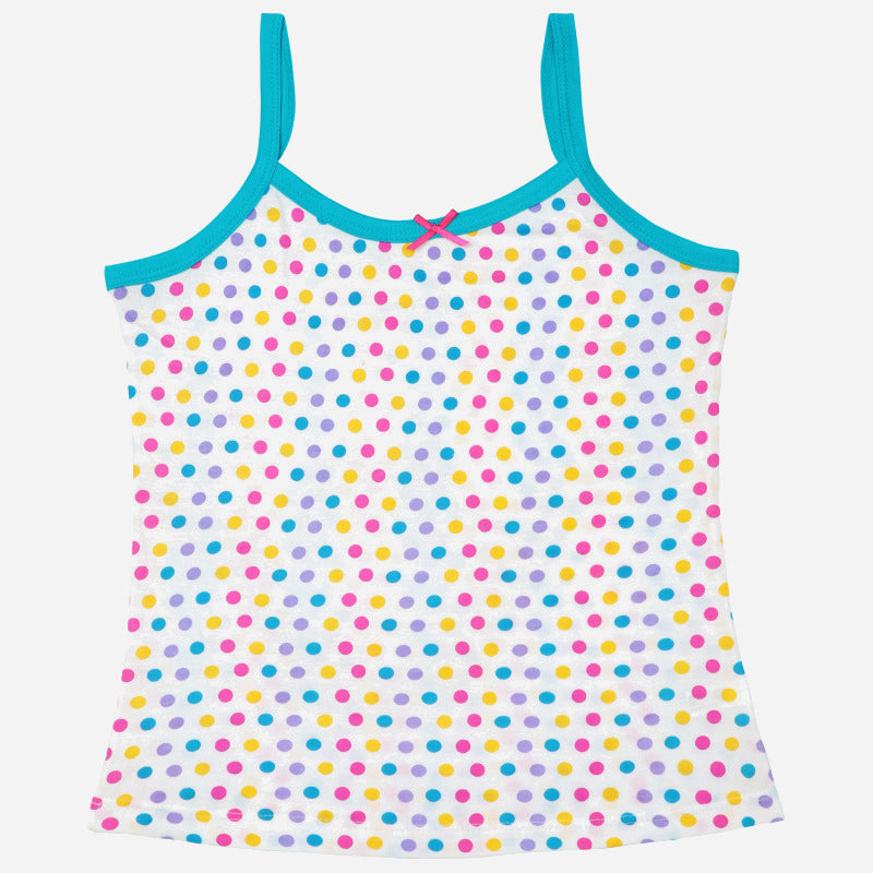 Kids' white camisole with colorful polka dots and turquoise straps, comfortable innerwear