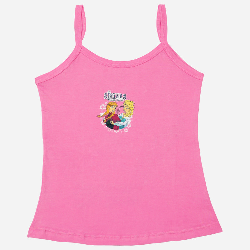 Pink girls' camisole with adjustable straps and cartoon sisters print on front