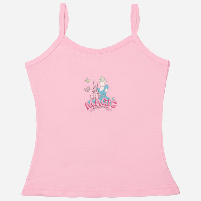Pink girls camisole with cartoon princess and castle print, soft kids innerwear