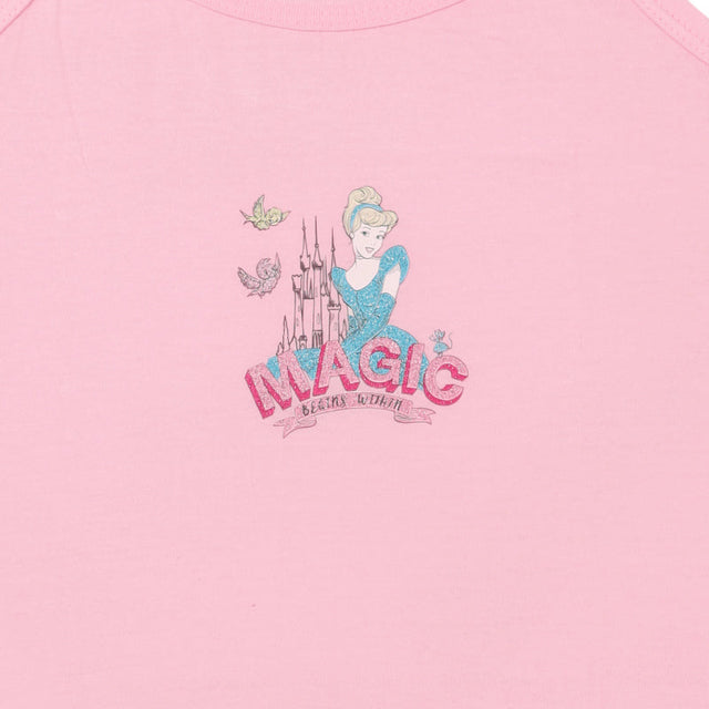 Pink kids' innerwear with fairy-tale princess, castle, and 'Magic' text graphic.