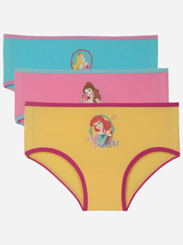 Kids underwear multipack featuring colorful princess designs on blue, pink, and yellow briefs