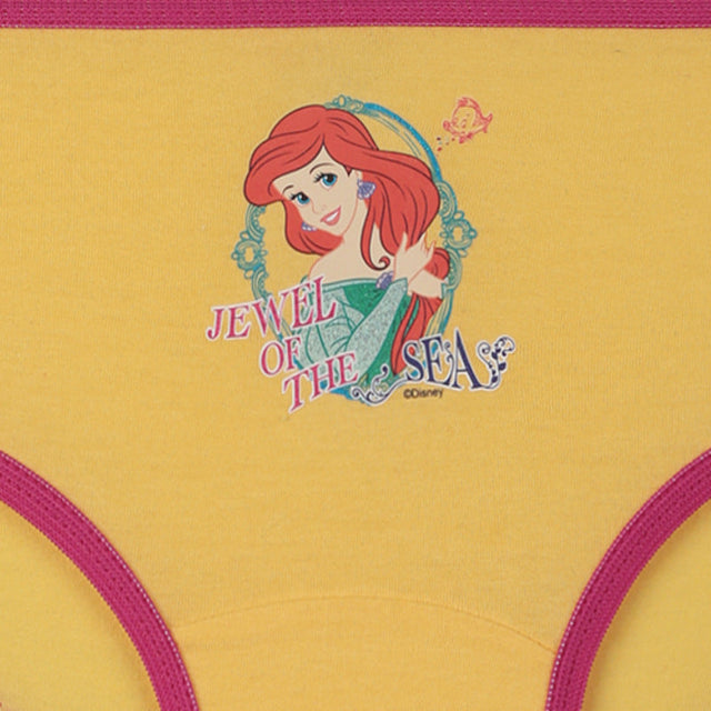 Yellow kids' underwear with pink trim featuring Ariel character print and 'Jewel of the Sea' text