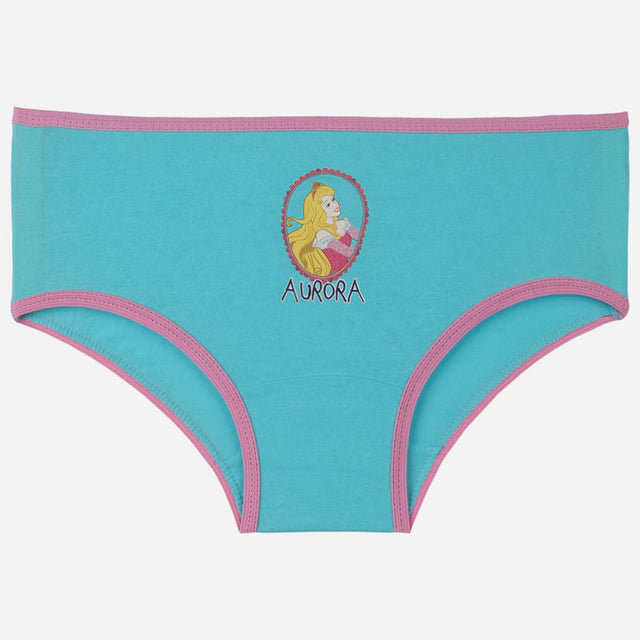 Girls aqua blue cotton underwear with pink trim and Aurora cartoon princess graphic