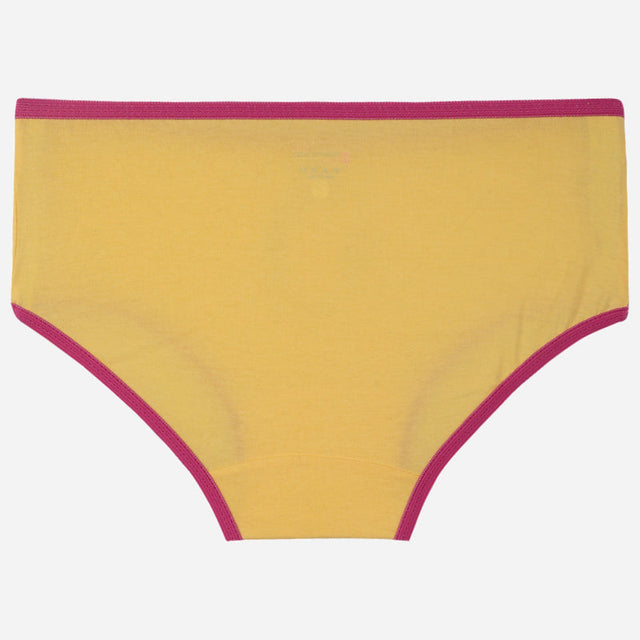 Yellow girls cotton underwear with pink trim, comfortable kids innerwear against white background