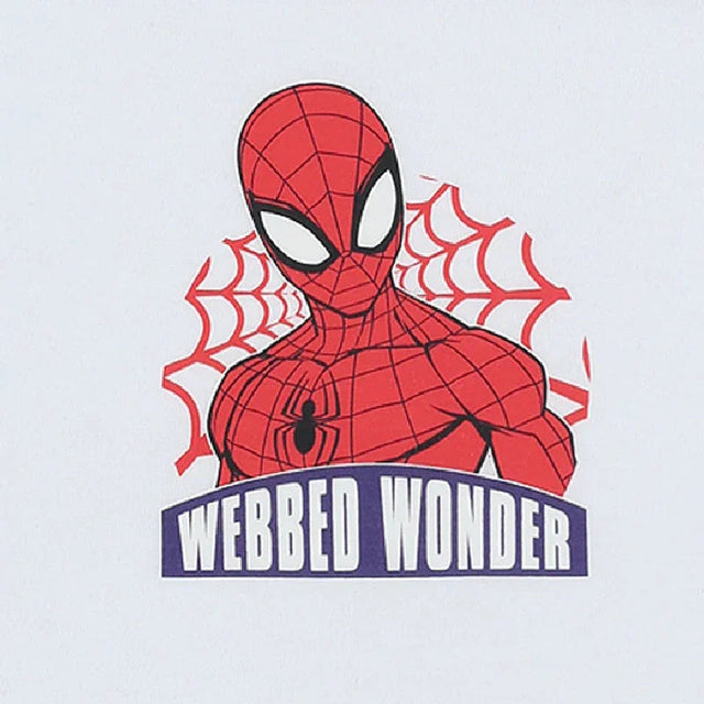 Red superhero cartoon on kids apparel with web pattern and 'Webbed Wonder' text design.