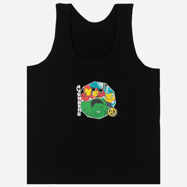 Black kids tank top featuring Avengers characters graphic print on front